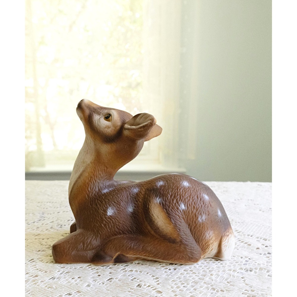 Vintage Reclining Deer Fawn Ceramic Figurine Hand Painted 4" x 4.5"
